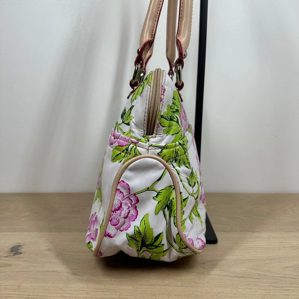 Tignanello Satchel Handbag White Pink Green Floral Leather Cottagecore Y2K Purse